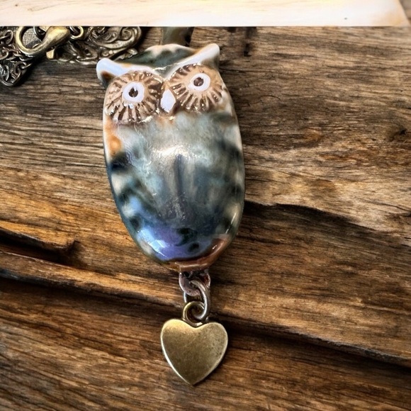 Ceramic Owl Pendant Necklace with Heart Charm Owl necklace. Ceramic owl pendant - Picture 15 of 16